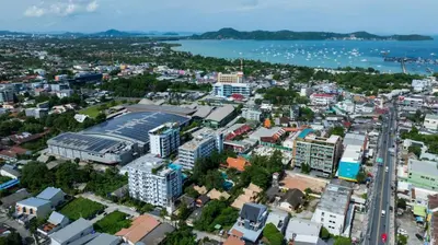 an aerial view of a city with a body of water at Ocean View Apt - 1BR T2-613 in Chalong