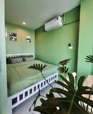 a green bedroom with a bed and a plant at Midori Rawai Hotel in Ban Saiyuan (1)