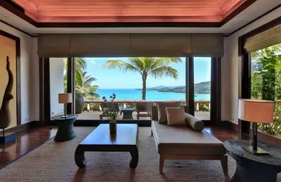 a living room with a view of the ocean at Villa Daran Luxury Villa with Panoramic Views & 5-Star Services in Kamala Beach