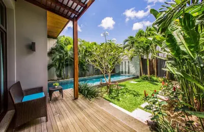 a view of a pool from the patio of a house at VILLA Emere Private Pool Nai Harn beach in Nai Harn Beach