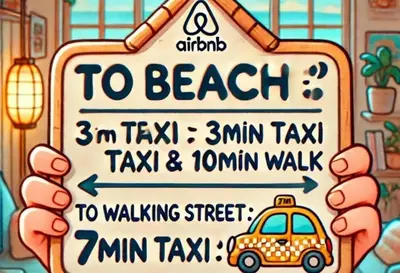 a sign that says to beach with a taxi and a car at Cocoon Talya Hotel in Patong Beach