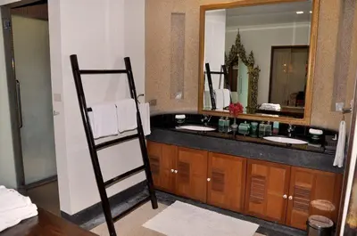 a bathroom with two sinks and a mirror at Salika Luxury 5.5 Bed Villa Seaview With Maids in Rawai Beach