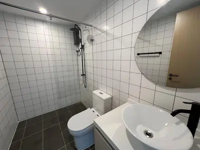 a bathroom with a toilet and a sink and a mirror at FANTASEA KAMALA NEW 1 BEDROOM & Living Room Balcony in Kamala Beach