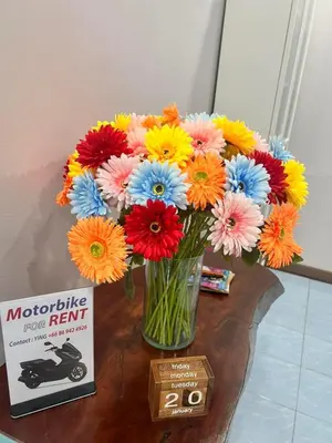 a vase filled with colorful flowers on a table at 9 Home Phuket in Ban Rangeng