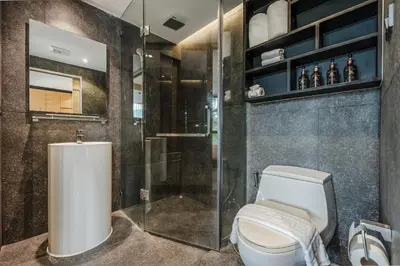 a bathroom with a toilet and a shower at C182 Kamala 1BR Stay Near Beach & Attractions in Kamala Beach