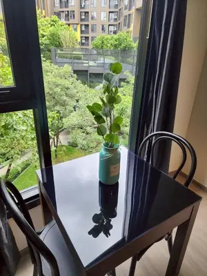 a glass table with a vase with a plant on it at The Base Central Phuket-B42WL in Ban Rangeng