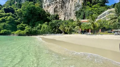 a beach with the ocean and trees and a building at Phi Phi Cliff Beach Resort in Phi Phi Don