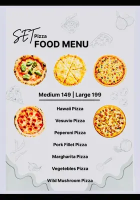 a menu with different pizzas on a white background at SET INN restaurant & bar in Kata Beach