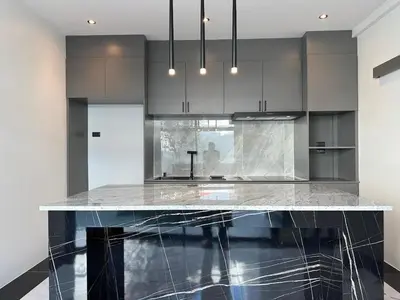 a kitchen with a marble counter top in a room at Modern ZEN Vibe 3BR Pool Villa Phuket in Ban Tha Khreng