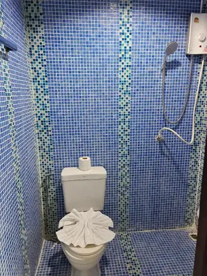 a blue tiled bathroom with a toilet and a shower at GN House Bangtao in Ban Thalat Choeng Thale