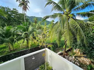 a view from the balcony of a house with a palm tree at 2 Bedroom Pool Villa Green View in Kamala Beach