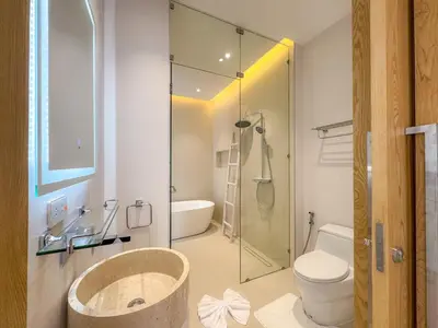 a bathroom with a glass shower and a toilet at Luxurious 3-Bedroom Villa with Private Pool Lux Pride 4 L10 Phuket in Bang Tao Beach