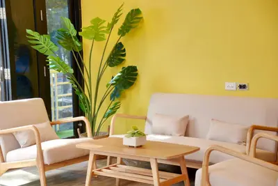 a living room with a couch and a table and a plant at Bed & Beach Hostel Karon in Karon Beach