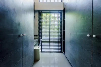 a bathroom with blue walls and a large window at Harmony Exclusive Villa Bang Tao Phuket in Ban Thalat Choeng Thale