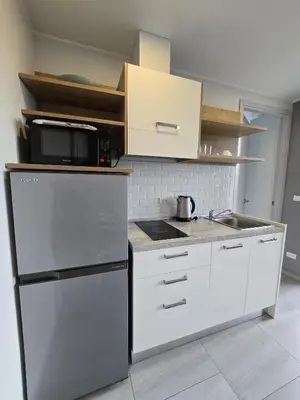 a kitchen with a refrigerator and a microwave at Easy Stay – 2-Bedroom T2-618 in Phuket Town