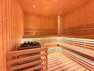 an empty wooden sauna with wooden flooring and a wooden at New Stylish Cozy One-bedroom Apartment in Bangtao, Phuket, Near EDC in Ban Thalat Choeng Thale