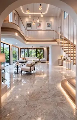 a large lobby with a staircase and a living room at Fisherman Way Beach Villa in Rawai Beach