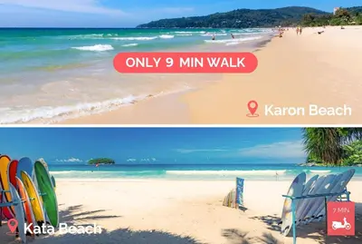 a collage of two pictures of a beach with surfboards at SeaView 1BR Apartment at Karon Beach in Karon Beach