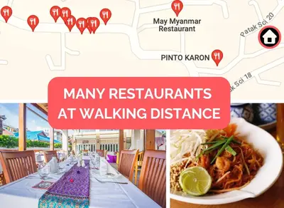 a collage of photos of a restaurant with a plate of food at SeaView 1BR Apartment at Karon Beach in Karon Beach