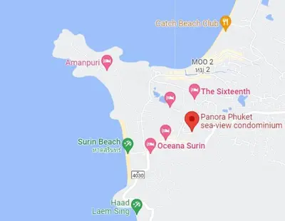 a map of the sights of the singapore beach club at Deluxe Surin apartment with washer and fast WIFI in Surin Beach