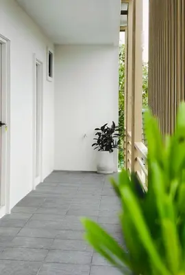 a porch with a potted plant and a white wall at Le Wadee Residence in Bang Tao Beach