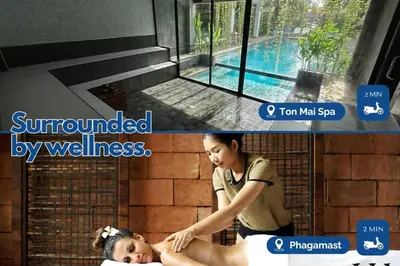 two pictures of a woman in front of a swimming pool at Loft with pool & patio - 8 min to Rawai beach - 