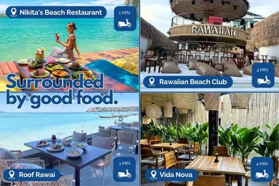 a collage of photos of a resort with a beach restaurant at Loft with pool & patio - 8 min to Rawai beach - 