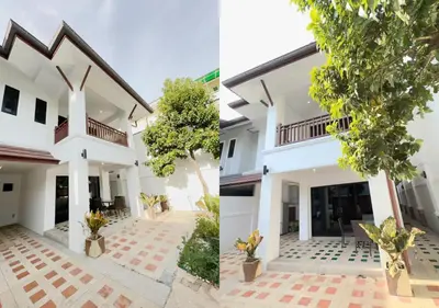 two images of a white house with a courtyard at 3 Bedroom Renovated Villa 3 minutes to the beach in Karon Beach