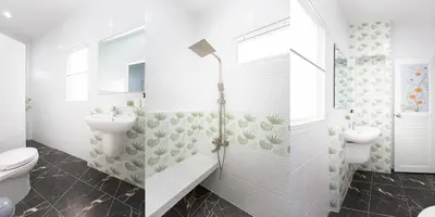 two images of a bathroom with a toilet and a sink at Seaside house in Ban Thalat Choeng Thale