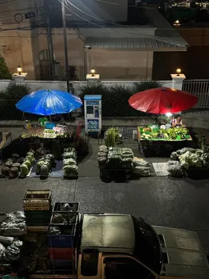 two umbrellas in front of a market in the rain at bége in Ban Lo Long