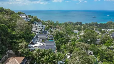 an aerial view of a house on a hill overlooking the ocean at Luxurious Villa in Thalang with Private Pool and Ocean Views in Amphoe Thalang