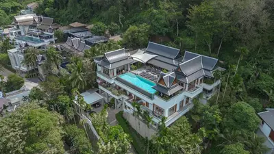 an aerial view of a house with a swimming pool at Luxurious Villa in Thalang with Private Pool and Ocean Views in Amphoe Thalang
