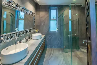 a bathroom with two sinks and a shower at New Primrose Pool Villa Your Own Secluded Paradise in Rawai Beach