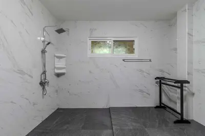 a bathroom with white marble walls and a window at V245 3BR with Pool Close to Phuket Best Beaches in Rawai Beach