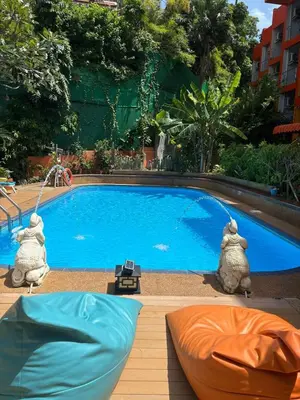 a swimming pool with two stuffed animals sitting next to it at THE PORTERHOUSE Boutique Hotel in Patong Beach