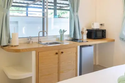a kitchen counter with a sink and a window at Stylish Studio with Pool - 8' walk to Rawai Beach - 