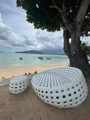 a large white bench sitting next to a tree on a beach at Beachside Bliss in Ban Saiyuan (1)
