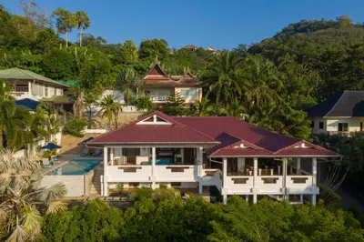 an aerial view of a house with a resort at 50% Off Baan Angelo 3 Bed Pool Villa Kata Hill in Kata Beach