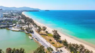 an aerial view of a beach and the ocean at New 1BR Apartment in The Proud Karon Phuket in Karon Beach