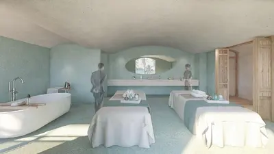a rendering of a bathroom with two beds and a tub at Myneris Hotel, Phuket Karon Beach in Karon Beach
