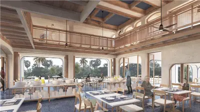 a rendering of a restaurant with tables and chairs at Myneris Hotel, Phuket Karon Beach in Karon Beach