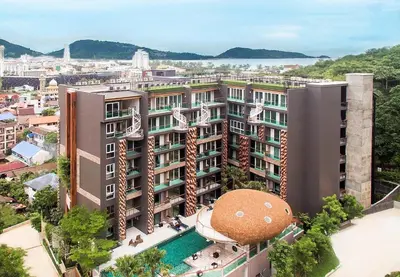 an aerial view of a building with a pool at Private apartment at Emerald Terrace by Lofty in Patong Beach