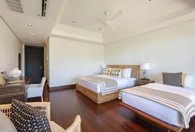 a bedroom with two beds and a desk at Katamanda Villa Allegra 5 bedroom Seaview villa in Ban Karon