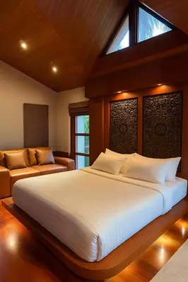 a bedroom with a large white bed and a window at Tropical Thai Loft with Koi Pond in Kamala Beach