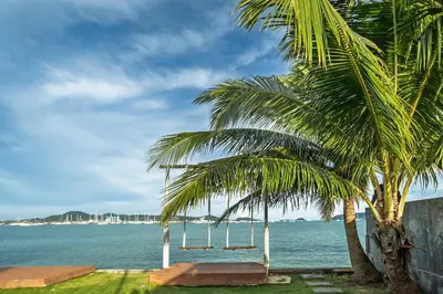 two palm trees next to the ocean with a swing at NEW! 3-Bedroom Pool Villa Overlooking Chalong Bay-Nariya V9 in Chalong