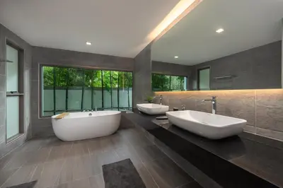 a bathroom with three sinks and a large window at Villa Mauri – Modern 3BR Villa with Private Pool in Kata Beach