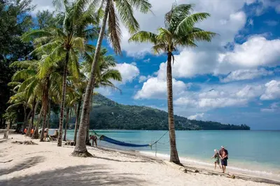 a group of people walking on a beach with palm trees at Tropics Kamala CTG P615 - Corner 1 BR Apt Mountain view in Kamala Beach