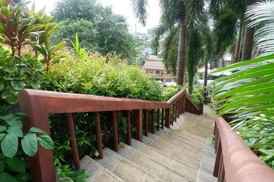 a wooden stairway in a park with trees and plants at The Cozy House in Karon Beach