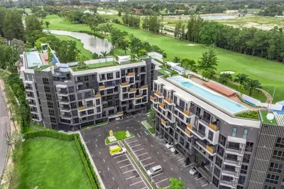 an overhead view of an apartment building with a pool at Laguna Skypark 1BR Apartment garden view NEW in Laguna Phuket