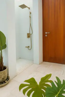 a bathroom with a shower and a wooden door at Minimalist luxury villa in Ban Klang